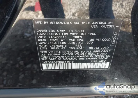 2024 Volkswagen Atlas 2.0T Se из США, поврежденный, VIN 1V2DR2CA2RC611519